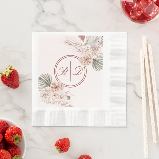 Elegant Pink Watercolor Floral Monogram Wedding Napkins (Insitu)