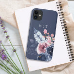 Elegant Pink Watercolor Floral Navy Blue Monogram Iphone 11 Case at Zazzle