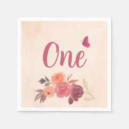 Elegant Pink Watercolor Floral One 1st Birthday Napkins