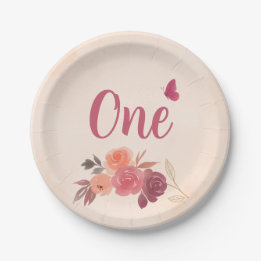 Elegant Pink Watercolor Floral One 1st Birthday Paper Plates