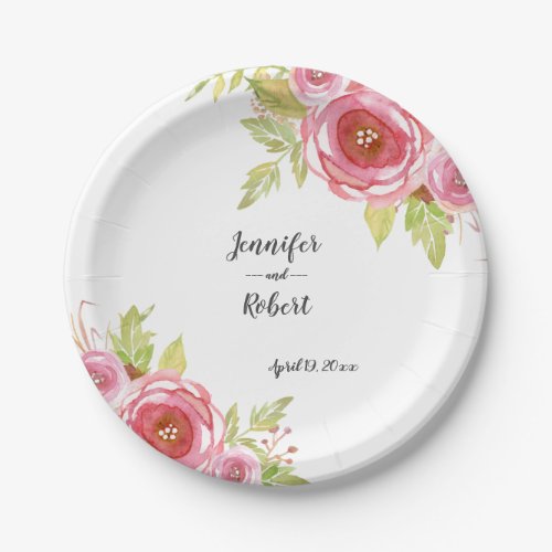 Elegant pink watercolor floral  paper plates