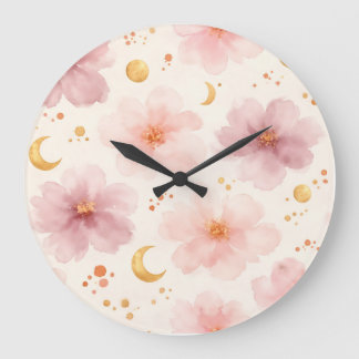 Elegant Pink Watercolor Floral Pattern Large Clock