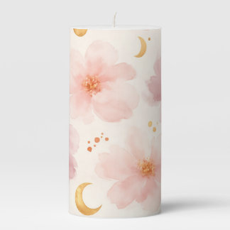 Elegant Pink Watercolor Floral Pattern Pillar Candle