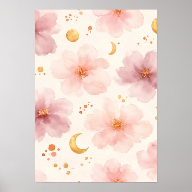 Elegant Pink Watercolor Floral Pattern Poster (Front)