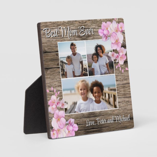 Elegant pink watercolor floral personalize 3 photo plaque (Front)