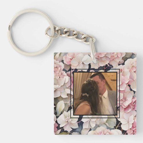 Elegant pink watercolor floral personalize photo keychain