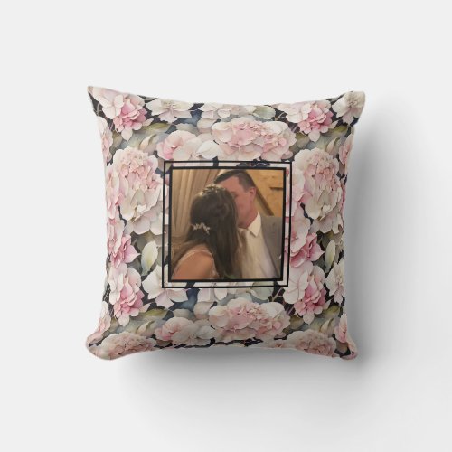 Elegant pink watercolor floral personalize photo throw pillow