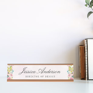 Elegant Pink Watercolor Floral Personalized Desk Name Plate