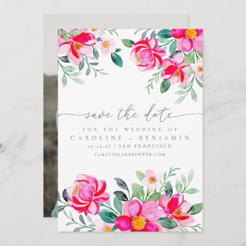 Elegant Pink Watercolor Floral Photo Wedding Save The Date