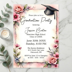 Elegant Pink Watercolor Floral Roses Graduation Invitation