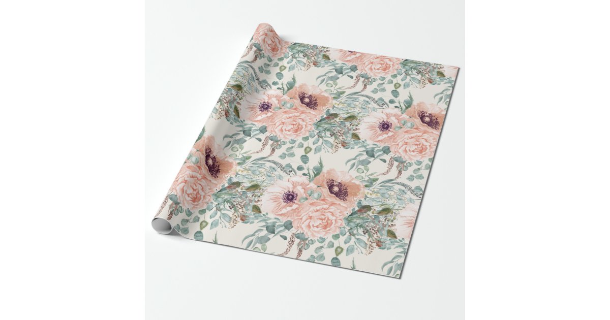 Elegant Pink Watercolor Floral Sage Green Leaves Wrapping Paper | Zazzle