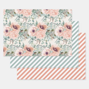 Elegant Pink Watercolor Floral Sage Green Stripes Wrapping Paper Sheets