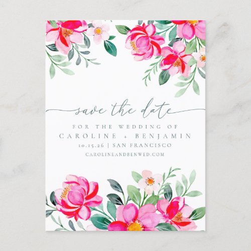 Elegant Pink Watercolor Floral Script Save Date Postcard