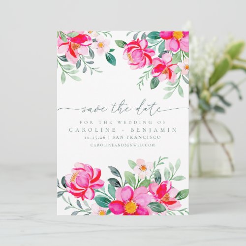 Elegant Pink Watercolor Floral Script Wedding Save The Date