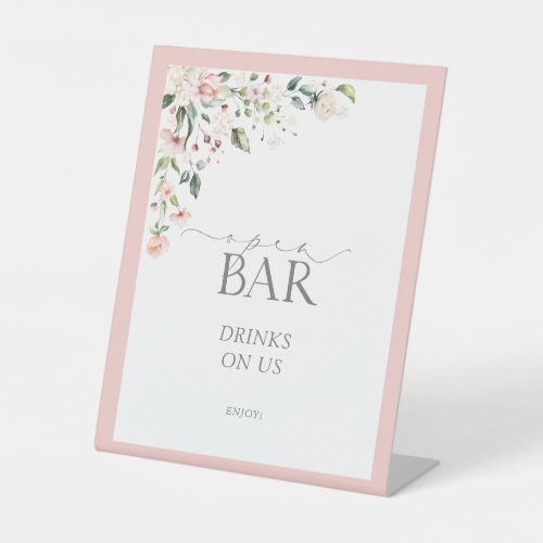 Elegant Pink Watercolor Floral Shower Open Bar Pedestal Sign