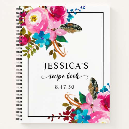 Elegant Pink Watercolor Floral Shower Recipe Notebook