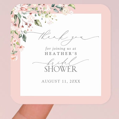 Elegant Pink Watercolor Floral Shower  Thank You Square Sticker