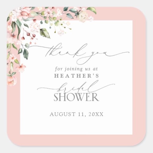 Elegant Pink Watercolor Floral Shower  Thank You Square Sticker