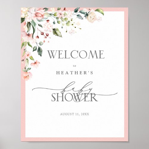 Elegant Pink Watercolor Floral Shower Welcome Post Poster