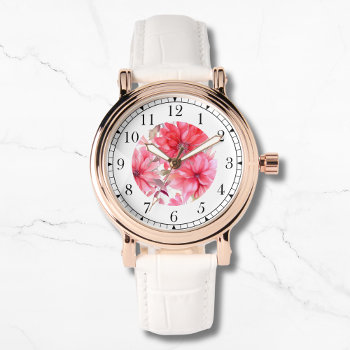 Elegant Pink Watercolor Floral Stylish Chic Womans Watch by EvcoStudio at Zazzle