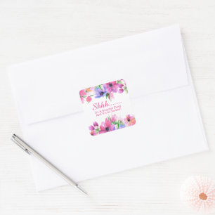 Elegant Pink Watercolor Floral Surprise Party Squa Square Sticker