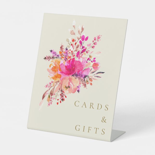Elegant Pink Watercolor Floral Wedding Cards Gifts Pedestal Sign (Front)