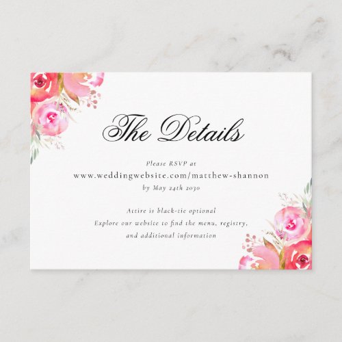 Elegant Pink Watercolor Floral Wedding Details Enclosure Card