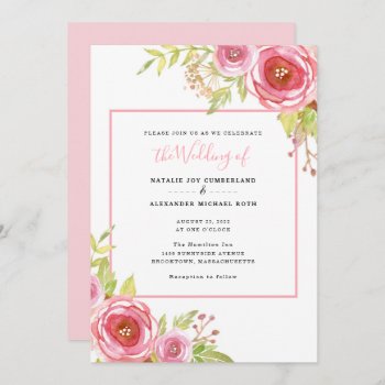 Elegant Pink Watercolor Floral Wedding Invitation by lemontreeweddings at Zazzle