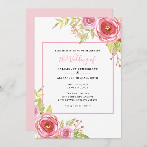 Elegant Pink Watercolor Floral Wedding Invitation