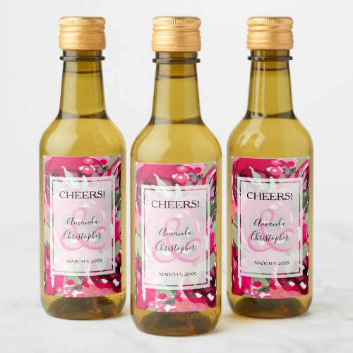 Elegant Pink Watercolor Floral Wedding Mini Wine Label