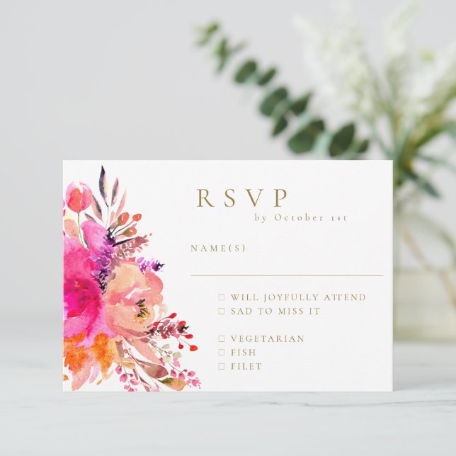 Elegant Pink Watercolor Floral Wedding RSVP Meal (Standing Front)
