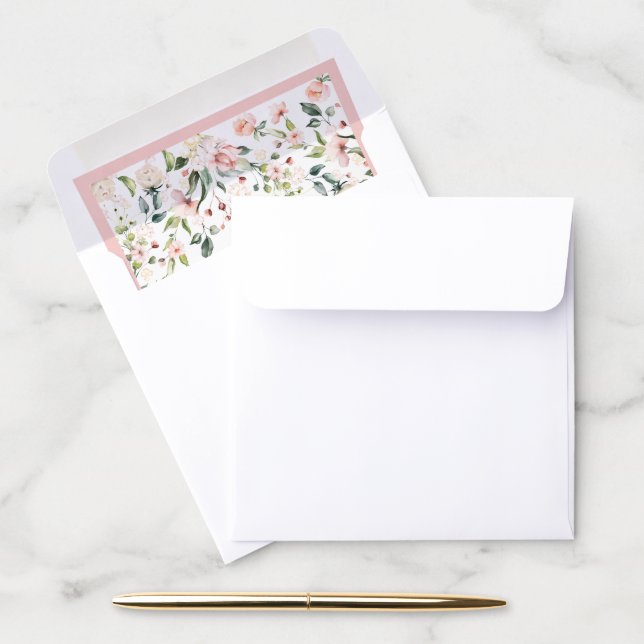 Elegant Pink Watercolor Floral Wedding Square Envelope Liner (Desk)