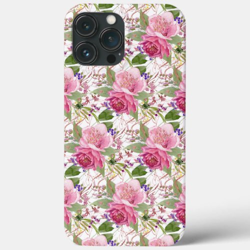 Elegant Pink Watercolor Floral White iPhone 13 Pro Max Case