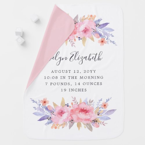 Elegant Pink Watercolor Florals Birth Information Baby Blanket
