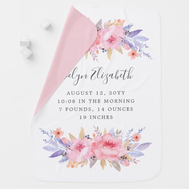 Elegant Pink Watercolor Florals Birth Information Baby Blanket (In Situ)