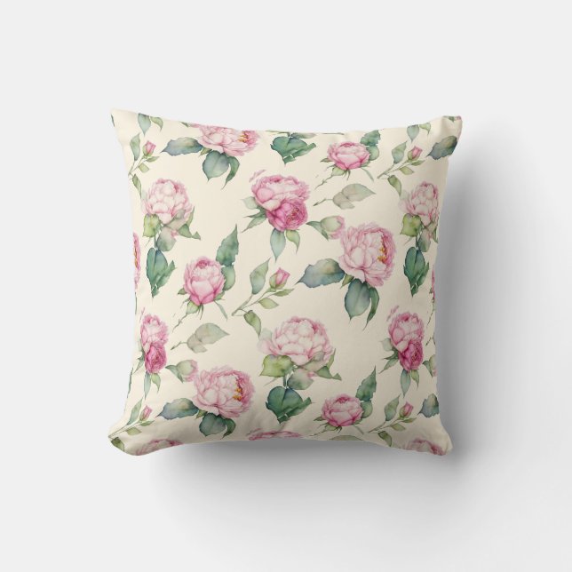 Elegant pink watercolor florals peonies roses throw pillow (Front)