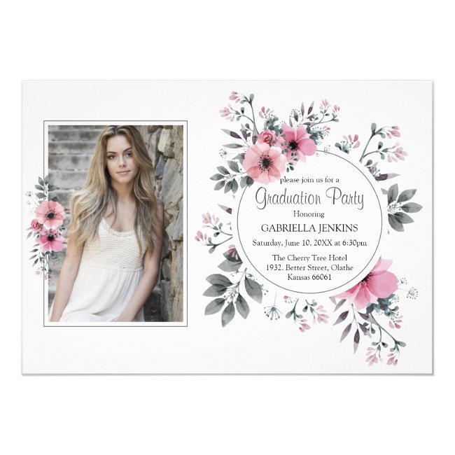 Elegant Pink Watercolor Florals Photo Graduation Invitation