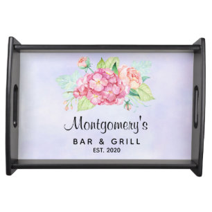 Elegant Pink Watercolor Flower Bouquet Bar & Grill Serving Tray