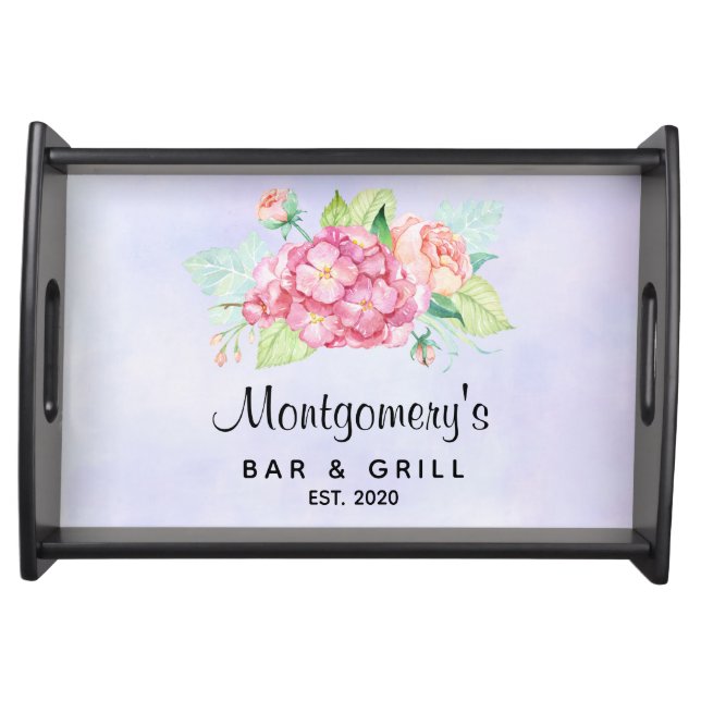 Elegant Pink Watercolor Flower Bouquet Bar & Grill Serving Tray (Front)