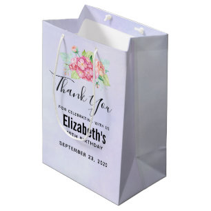 Elegant Pink Watercolor Flower Bouquet Birthday Medium Gift Bag