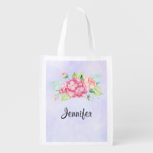 Elegant Pink Watercolor Flower Bouquet Grocery Bag