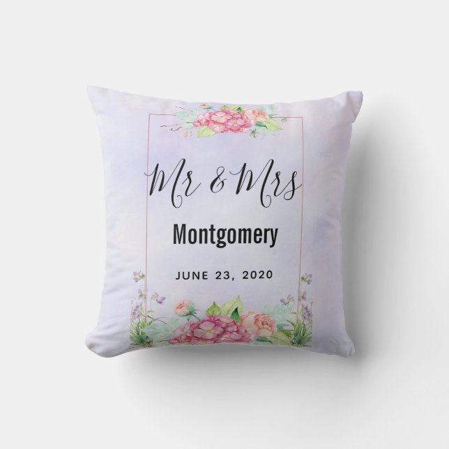Elegant Pink Watercolor Flower Bouquet Mr & Mrs Throw Pillow (Front)