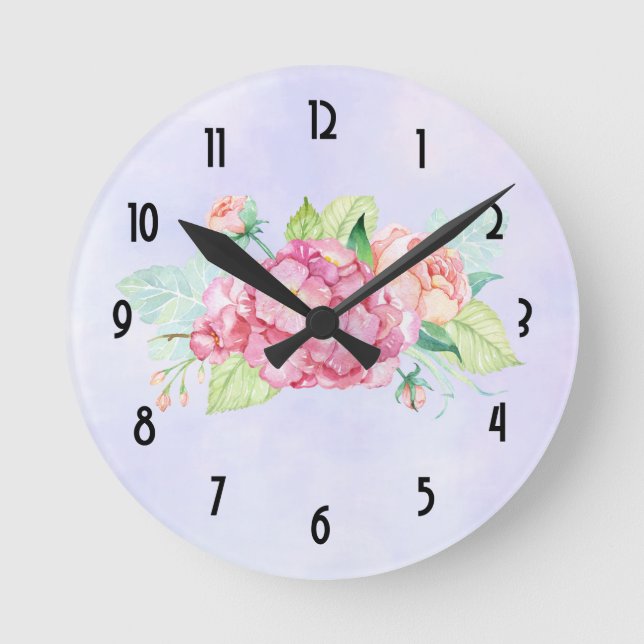 Elegant Pink Watercolor Flower Bouquet Round Clock (Front)