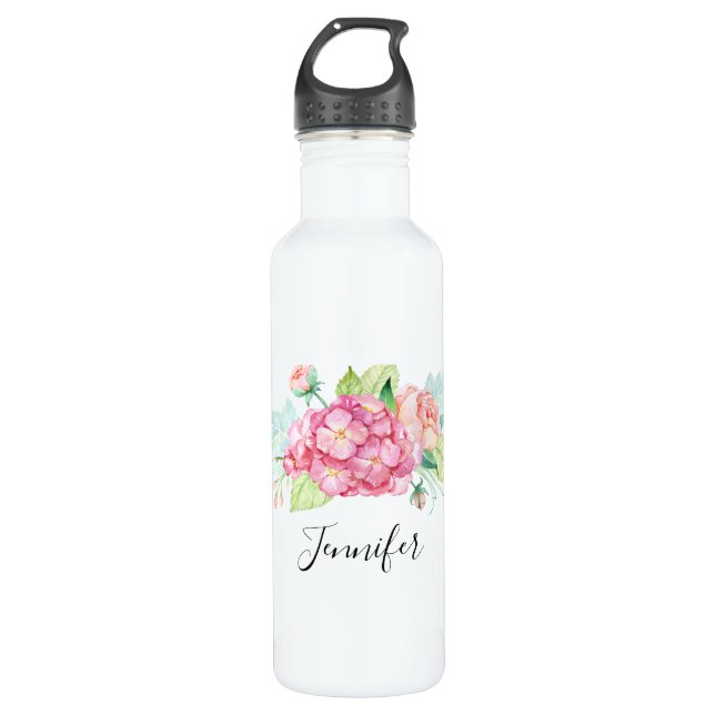 Elegant Pink Watercolor Flower Bouquet Stainless Steel Water Bottle (Front)