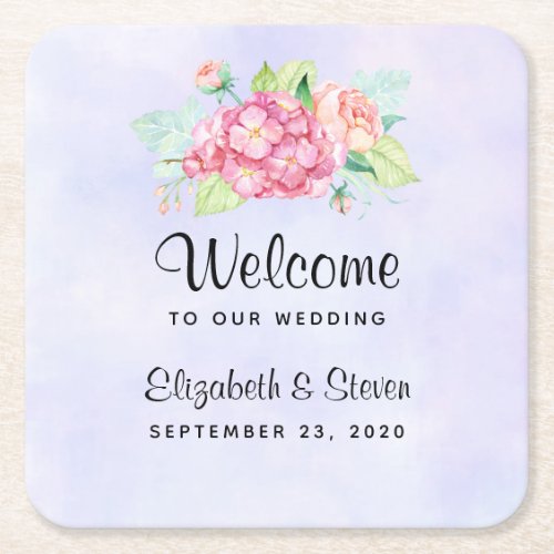 Elegant Pink Watercolor Flower Bouquet Wedding Square Paper Coaster