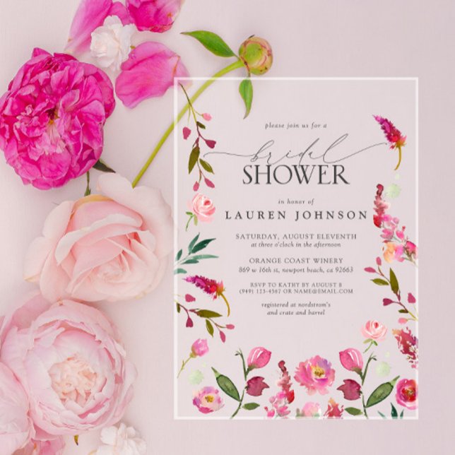 Elegant Pink Watercolor Flowers Bridal Shower Acrylic Invitations (Creator Uploaded)