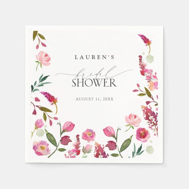 Elegant Pink Watercolor Flowers Bridal Shower Napkins (Front)