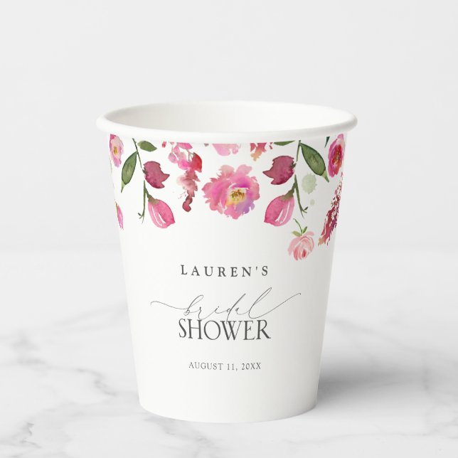 Elegant Pink Watercolor Flowers Bridal Shower Paper Cups (Front)