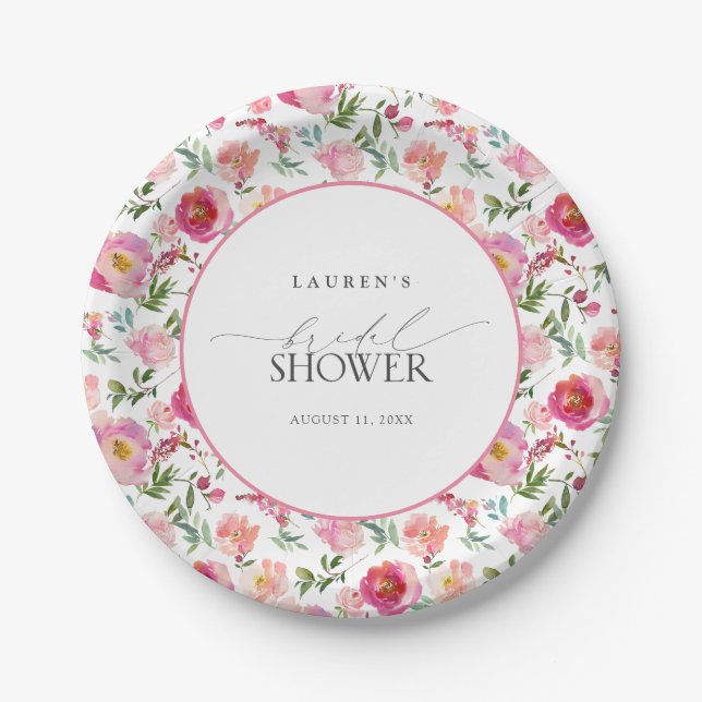 Elegant Pink Watercolor Flowers Bridal Shower Paper Plates (Front)