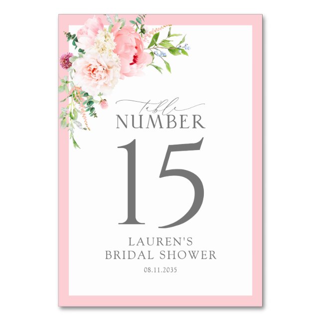 Elegant Pink Watercolor Flowers Bridal Shower Table Number (Front)